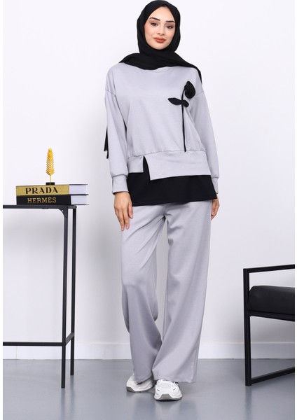 Gri Bisiklet Yaka Gül Detaylı Tunik Pantolonlu Modal Takım
