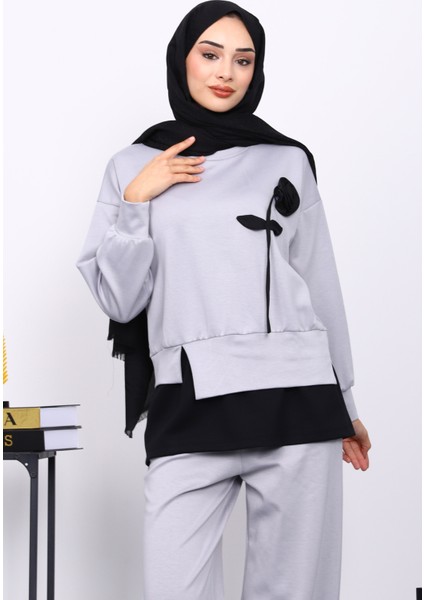 Gri Bisiklet Yaka Gül Detaylı Tunik Pantolonlu Modal Takım modelleri