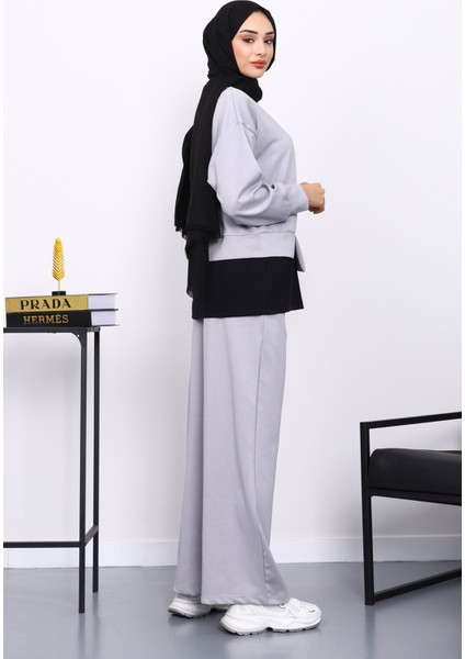 Gri Bisiklet Yaka Gül Detaylı Tunik Pantolonlu Modal Takım fırsatları