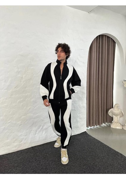 Erkek Premium Parçalı Eşofman Takım - Dik Yaka Fermuarlı Sweatshirt, - Siyah indirimleri