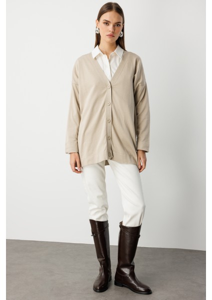 Ekstra Oversize Düşük Kol Basic Bej Rengi Ince Triko Hırka indirimleri