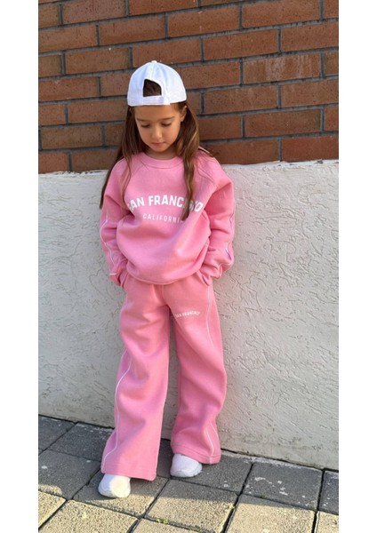 Kız Çocuk Baskılı Bol Paça Şardonlu Alt Üst Takım Pembe - 5-6 Yaş