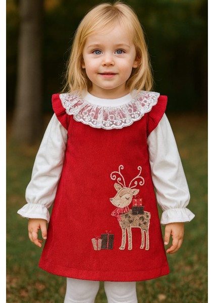 Laura Baby Kırmızı Kadife Geyik Desenli Özel Gün/yılbaşı Kız Çocuk Elbisesi