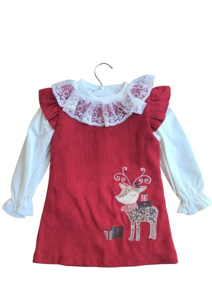 Laura Baby Kırmızı Kadife Geyik Desenli Özel Gün/yılbaşı Kız Çocuk Elbisesi fiyatları