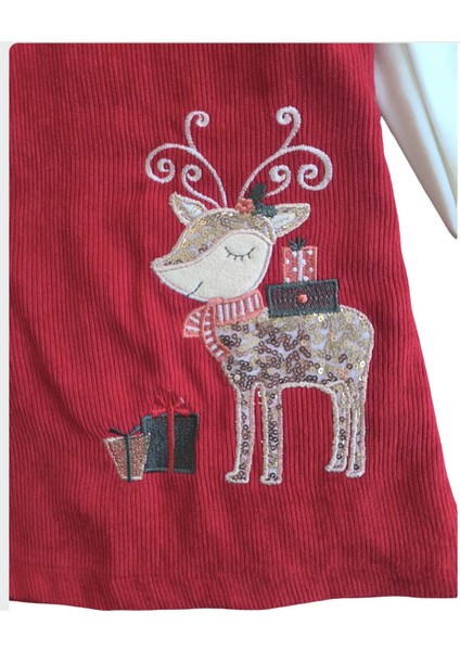 Laura Baby Kırmızı Kadife Geyik Desenli Özel Gün/yılbaşı Kız Çocuk Elbisesi fırsatları