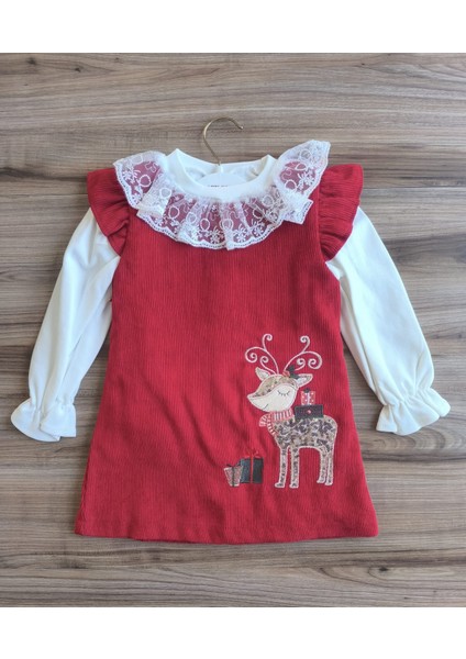 Laura Baby Kırmızı Kadife Geyik Desenli Özel Gün/yılbaşı Kız Çocuk Elbisesi indirimleri