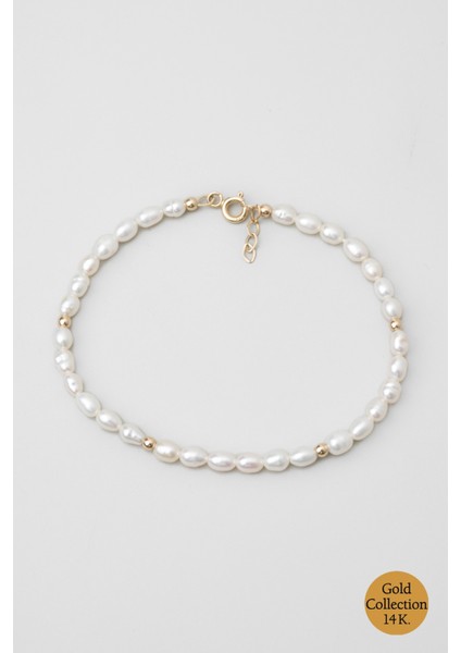 Doğal Inci Taşlı 18 cm 14 Ayar Sarı Altın Bileklik