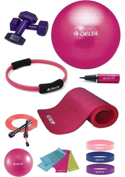 140 - 159 cm Boya Uygun 14 Parça Pilates Seti 55 cm Top 10 mm Minder Çember Squat Bandı 1 kg Dambıl