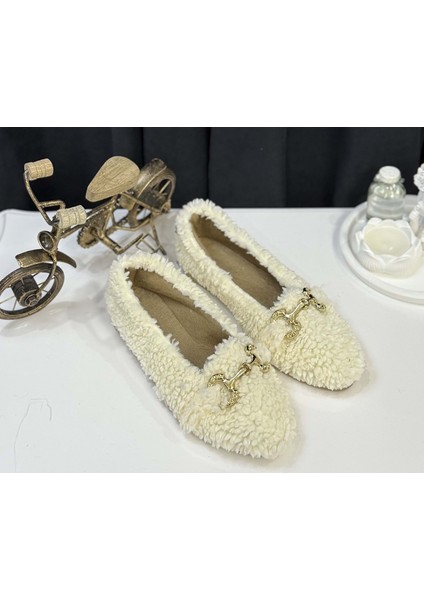 Kadın Gold Tokalı Kışlık Babet Ev ve Dış Mekan Ayakkabısı - Beyaz - 40