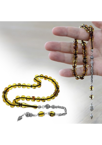 925 Ayar Gümüş Kral Püsküllü Küre Kesim Hafif Fosilli Ihlamur Sarı Doğal Damla Kehribar Tesbih fiyatları