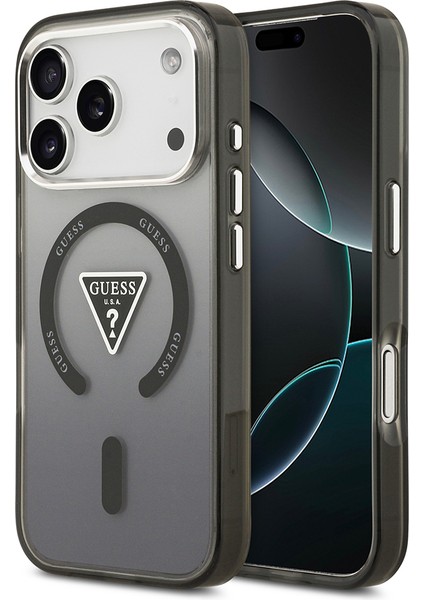 iPhone 17 Pro Kılıf Guess Lisanslı M-Safeli Iml Baskılı Üçgen Logolu Metal Kamera Çerçeveli Siyah