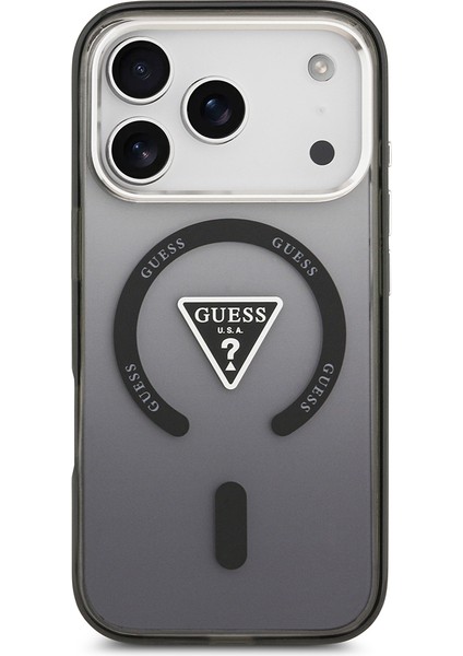 iPhone 17 Pro Kılıf Guess Lisanslı M-Safeli Iml Baskılı Üçgen Logolu Metal Kamera Çerçeveli Siyah modelleri