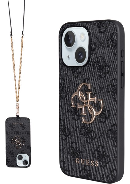 iPhone 15 Plus Uyumlu Kılıf Guess Lisanslı Pu 4g Büyük Metal Logolu Çapraz Vücut Askılı Kapak Siyah