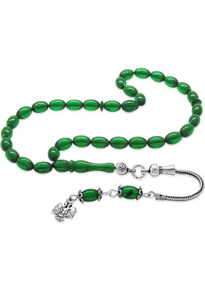 925 Ayar Gümüş Püsküllü Arpa Kesim Mini Boy Yeşil Ateş Kehribar Tesbih