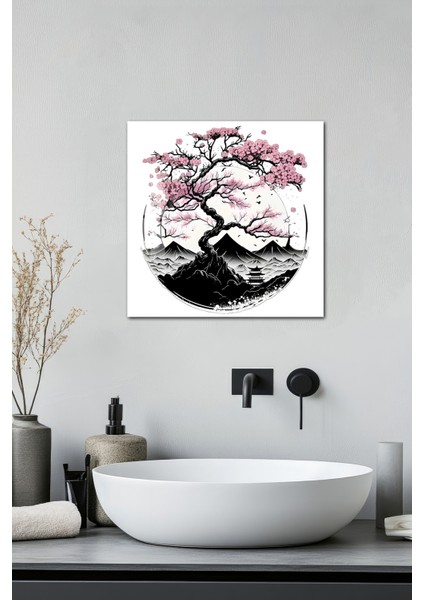 Sakura Ağacı Temalı Temperli Cam Kare Tablo 33X33 cm Ebadında Uv BASKI-CKT028