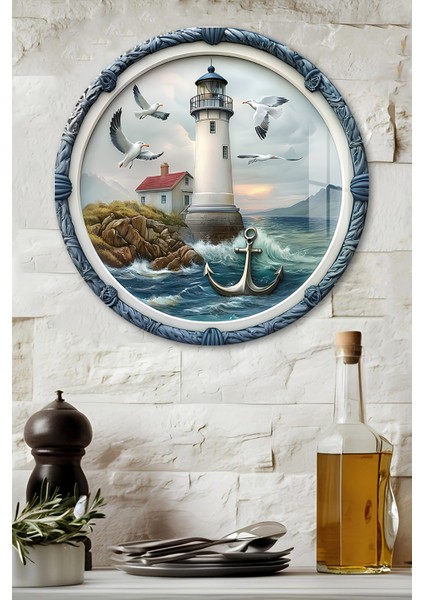 3D Görünümlü Temperli Cam Tablo – Deniz Feneri ve Martı Temalı Duvar Süsü Uv Baskı 33X33 CM-CDS066