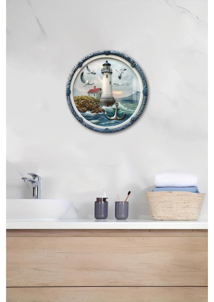 3D Görünümlü Temperli Cam Tablo – Deniz Feneri ve Martı Temalı Duvar Süsü Uv Baskı 33X33 CM-CDS066