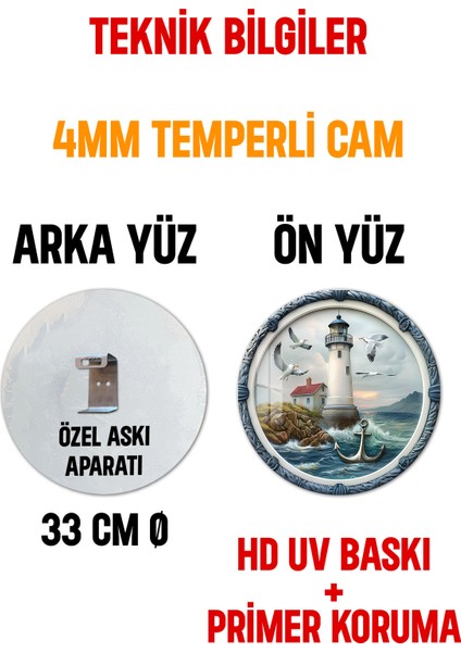 3D Görünümlü Temperli Cam Tablo – Deniz Feneri ve Martı Temalı Duvar Süsü Uv Baskı 33X33 CM-CDS066