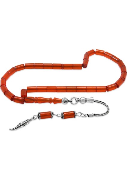 925 Ayar Gümüş Püsküllü Kesme Kesim Mini Boy Kırmızı Ateş Kehribar Tesbih