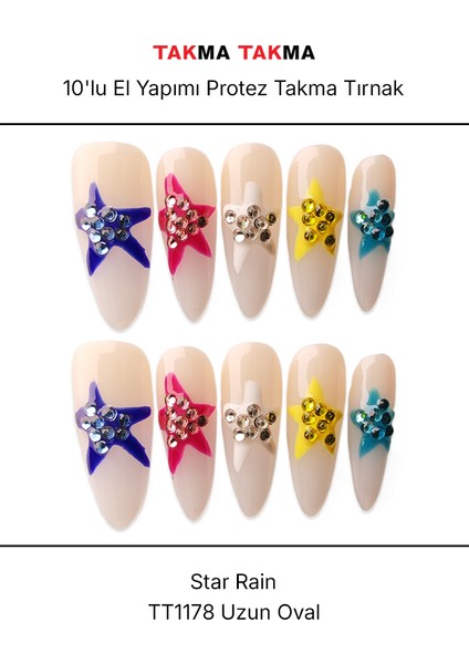 10'lu Renkli Uzun Oval TT1178 Tekrar Kullanılabilir El Yapımı Protez Takma Tırnak - Renkli-S indirimleri