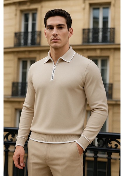 Erkek Trend Fermuarlı Bej Uzun Kollu Polo Yaka Tişört