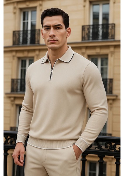 Erkek Trend Fermuarlı Bej Uzun Kollu Polo Yaka Tişört fiyatları