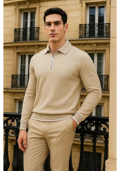 Erkek Trend Fermuarlı Bej Uzun Kollu Polo Yaka Tişört modelleri