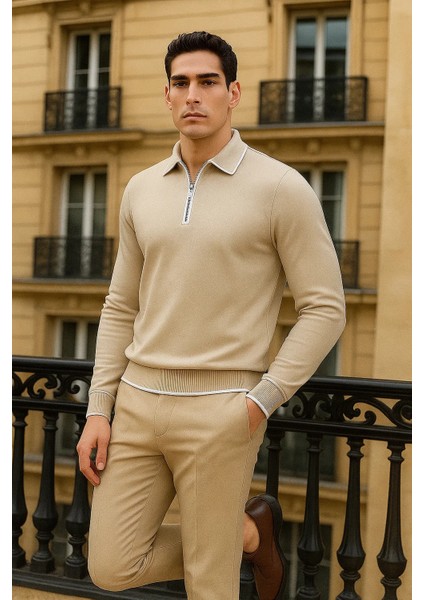 Erkek Trend Fermuarlı Bej Uzun Kollu Polo Yaka Tişört fırsatları