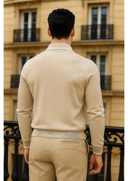 Erkek Trend Fermuarlı Bej Uzun Kollu Polo Yaka Tişört indirimleri