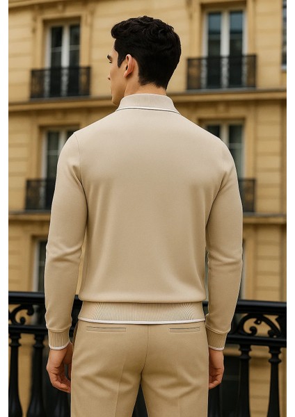 Erkek Trend Fermuarlı Bej Uzun Kollu Polo Yaka Tişört