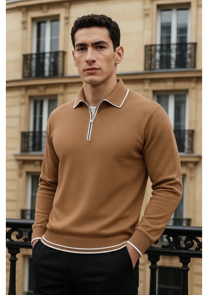 Erkek Trend Fermuarlı Camel Uzun Kollu Polo Yaka Tişört