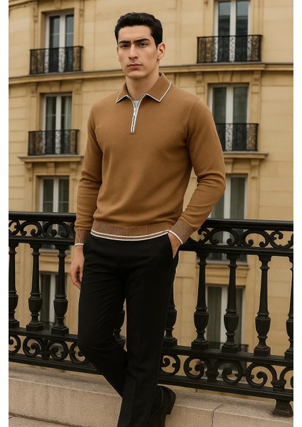 Erkek Trend Fermuarlı Camel Uzun Kollu Polo Yaka Tişört modelleri