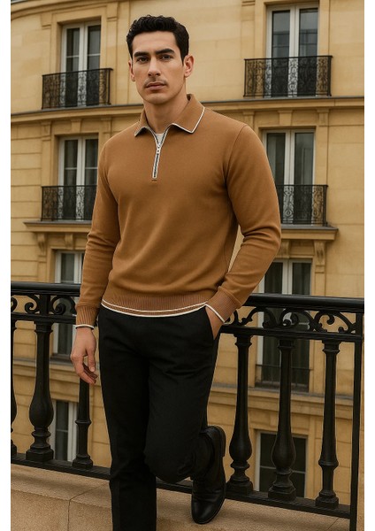 Erkek Trend Fermuarlı Camel Uzun Kollu Polo Yaka Tişört fırsatları