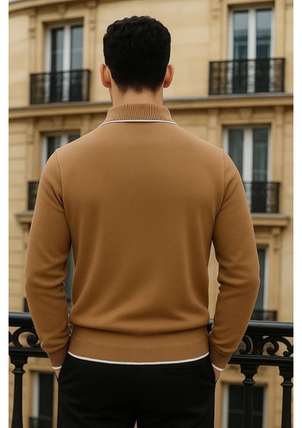 Erkek Trend Fermuarlı Camel Uzun Kollu Polo Yaka Tişört indirimleri