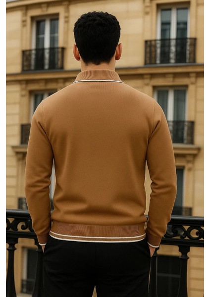 Erkek Trend Fermuarlı Camel Uzun Kollu Polo Yaka Tişört