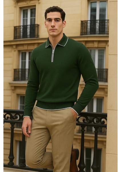 Erkek Trend Fermuarlı Haki Uzun Kollu Polo Yaka Tişört modelleri