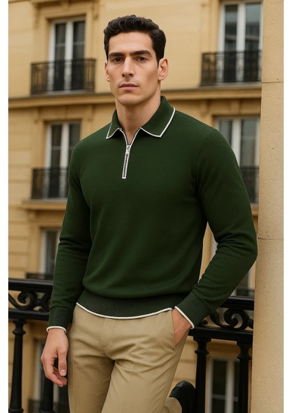 Erkek Trend Fermuarlı Haki Uzun Kollu Polo Yaka Tişört fırsatları