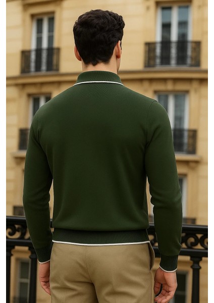 Erkek Trend Fermuarlı Haki Uzun Kollu Polo Yaka Tişört