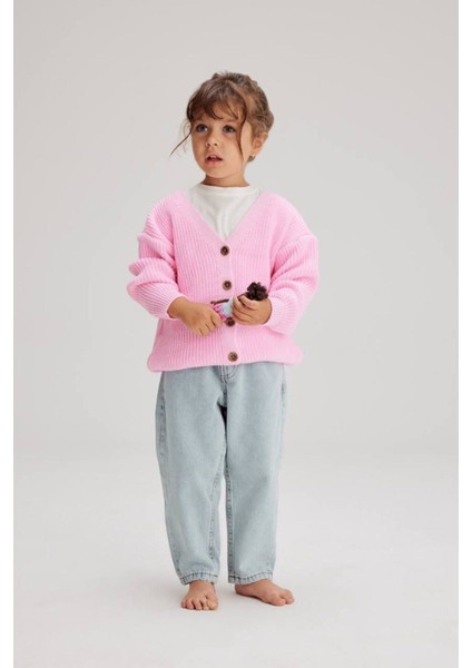 Kız Çocuk Pembe Triko Süveter Hırka Ceket