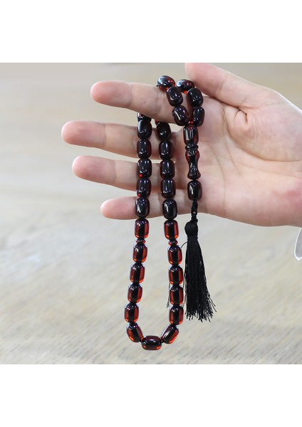 Çubuk Sıkma Kehribar Tesbih - Osmanlı Saray Püsküllü - Kırmızı Renk - Kapsül Kesim modelleri