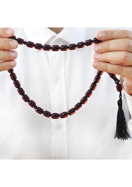 Çubuk Sıkma Kehribar Tesbih - Osmanlı Saray Püsküllü - Kırmızı Renk - Kapsül Kesim fırsatları