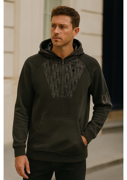 Erkek Yarım Fermuarlı Kapüşonlu Sweatshirt