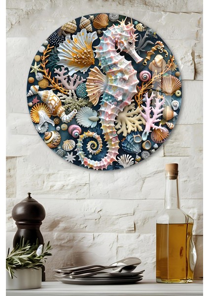 3D Görünümlü Temperli Cam Tablo – Deniz Atı ve Kabukları Temalı Duvar Süsü Uv Baskı 33X33 CM-CDS093