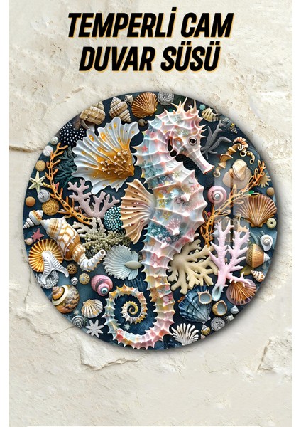 3D Görünümlü Temperli Cam Tablo – Deniz Atı ve Kabukları Temalı Duvar Süsü Uv Baskı 33X33 CM-CDS093 fiyatları