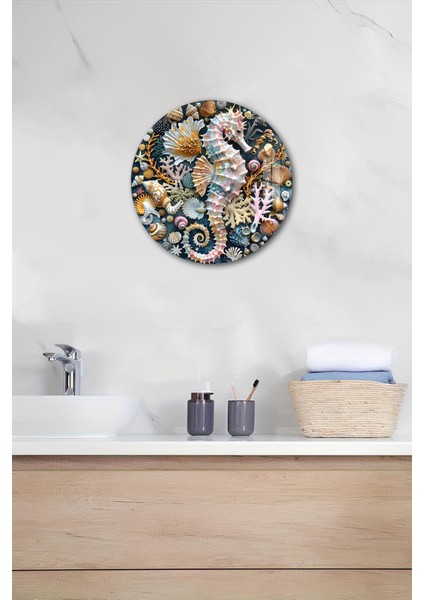 3D Görünümlü Temperli Cam Tablo – Deniz Atı ve Kabukları Temalı Duvar Süsü Uv Baskı 33X33 CM-CDS093