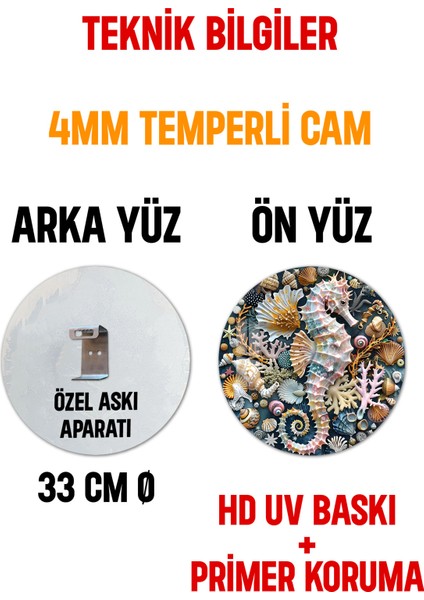 3D Görünümlü Temperli Cam Tablo – Deniz Atı ve Kabukları Temalı Duvar Süsü Uv Baskı 33X33 CM-CDS093