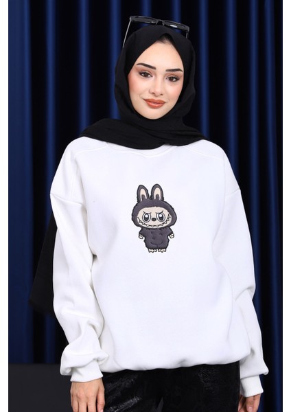 Ekru Bisiklet Yaka Üç İplik Sweat