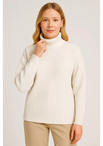 Kadın Balıkcı Yaka Bağazlı Triko Kazak Pamuklu Kalın Fitilli Dokuma - Beyaz