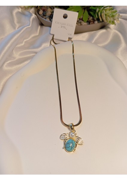 Arı Figürlü Firuze Taşlı Çelik Kolye modelleri