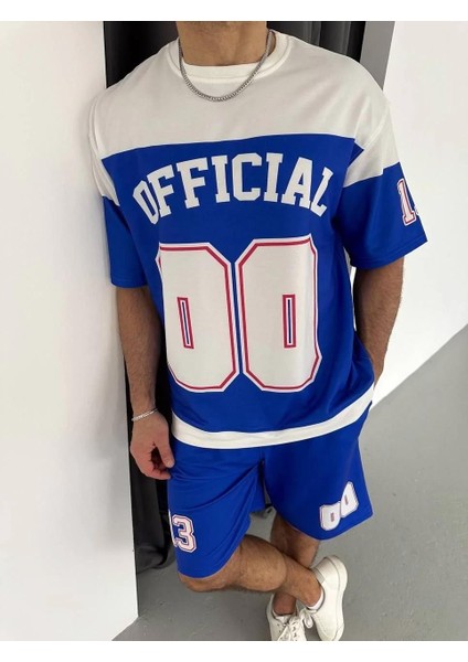 Erkek Şortlu Takım – Oversize Iki Iplik Kumaş, Ön & Arka Dijital Baskılı Tişört ve Lastikli Cepli Şort, Yazlık Günlük Spor Set - Mavi